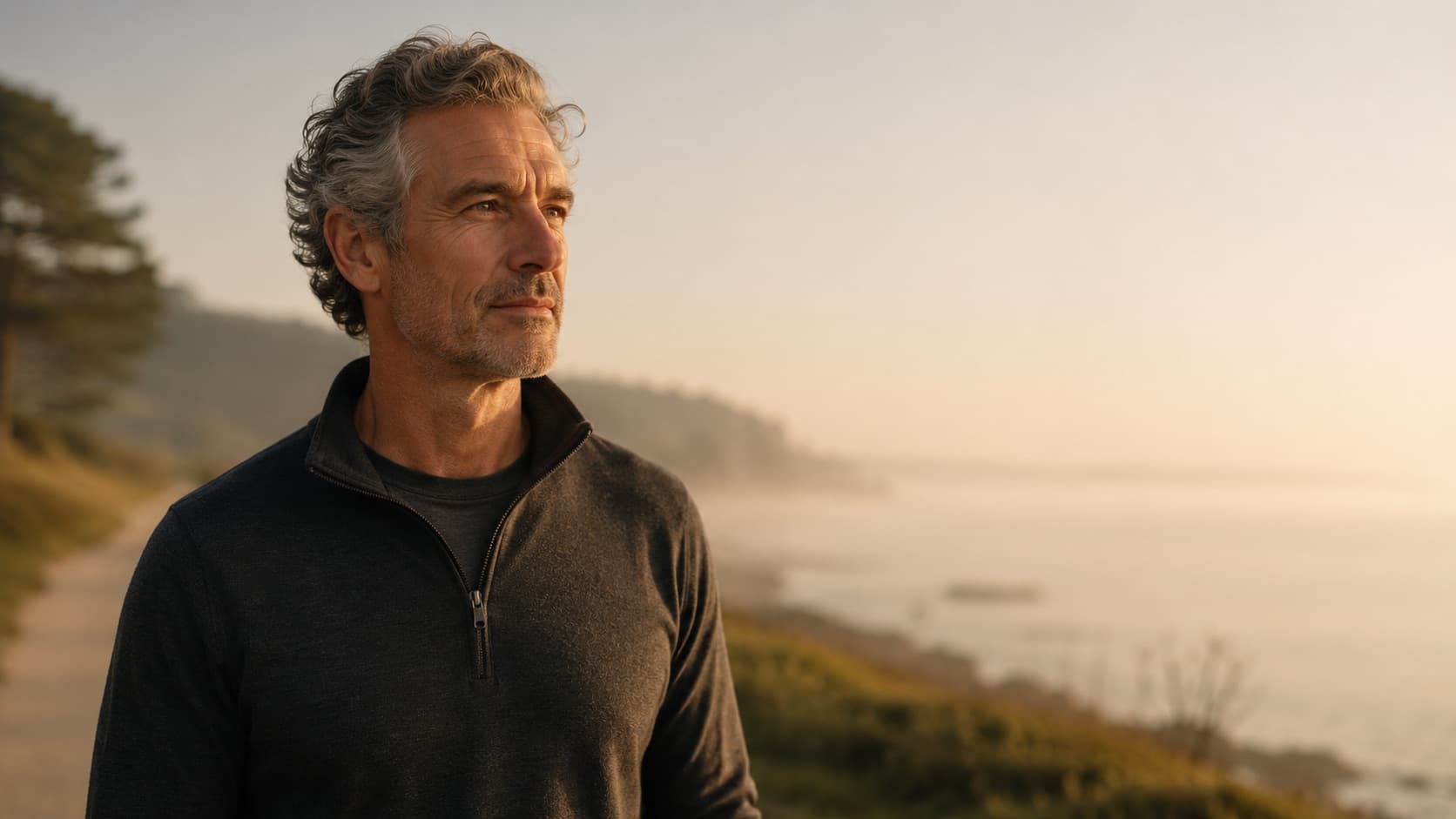 A lean, vital man in his fifties standing at a coastline at golden hour