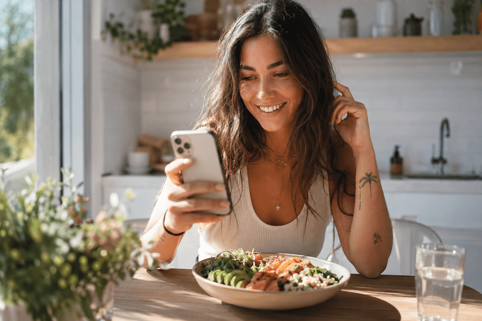 Woman using the Biohack longevity nutrition app while eating a healthy meal