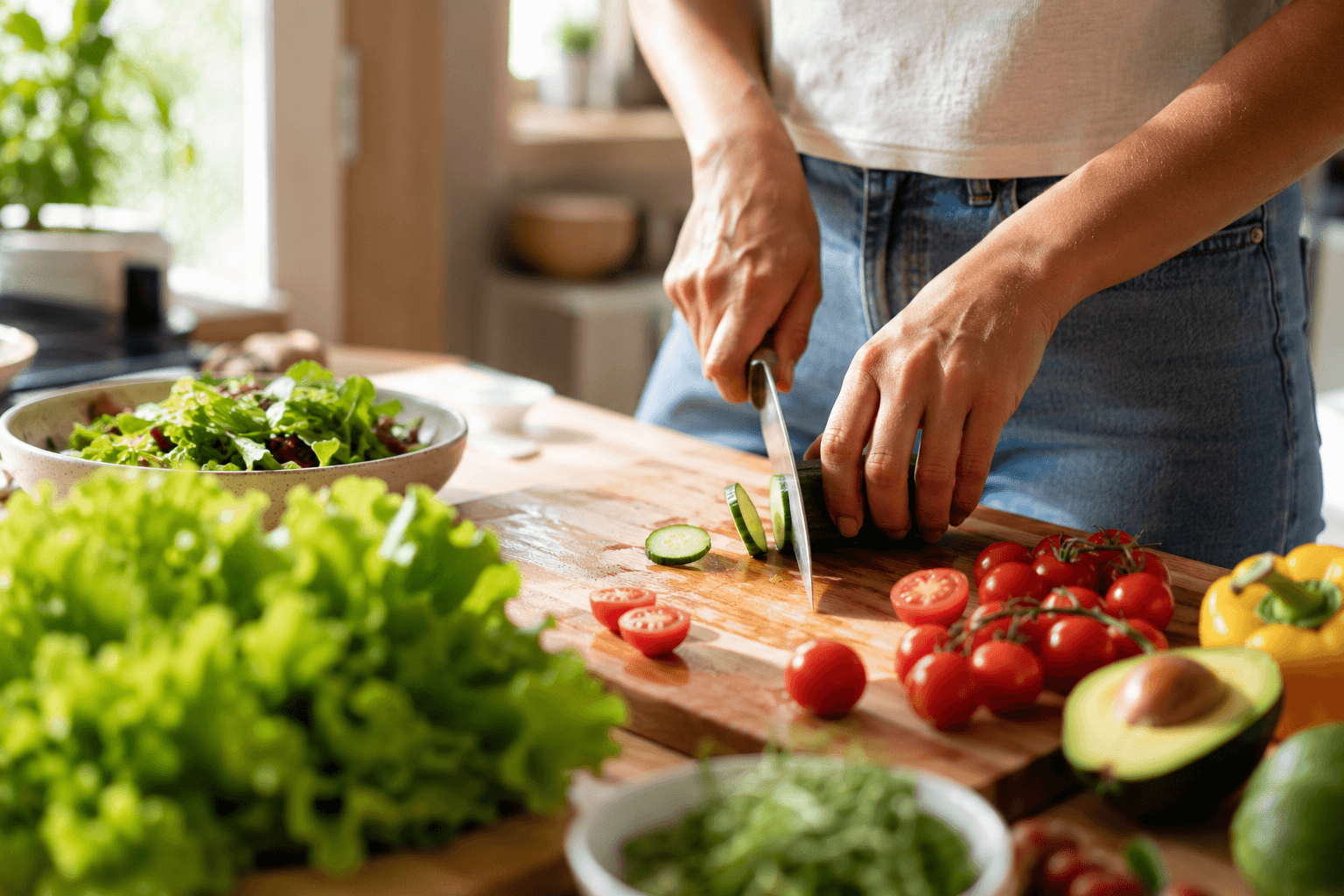 Healthy meal preparation with fresh longevity-boosting ingredients